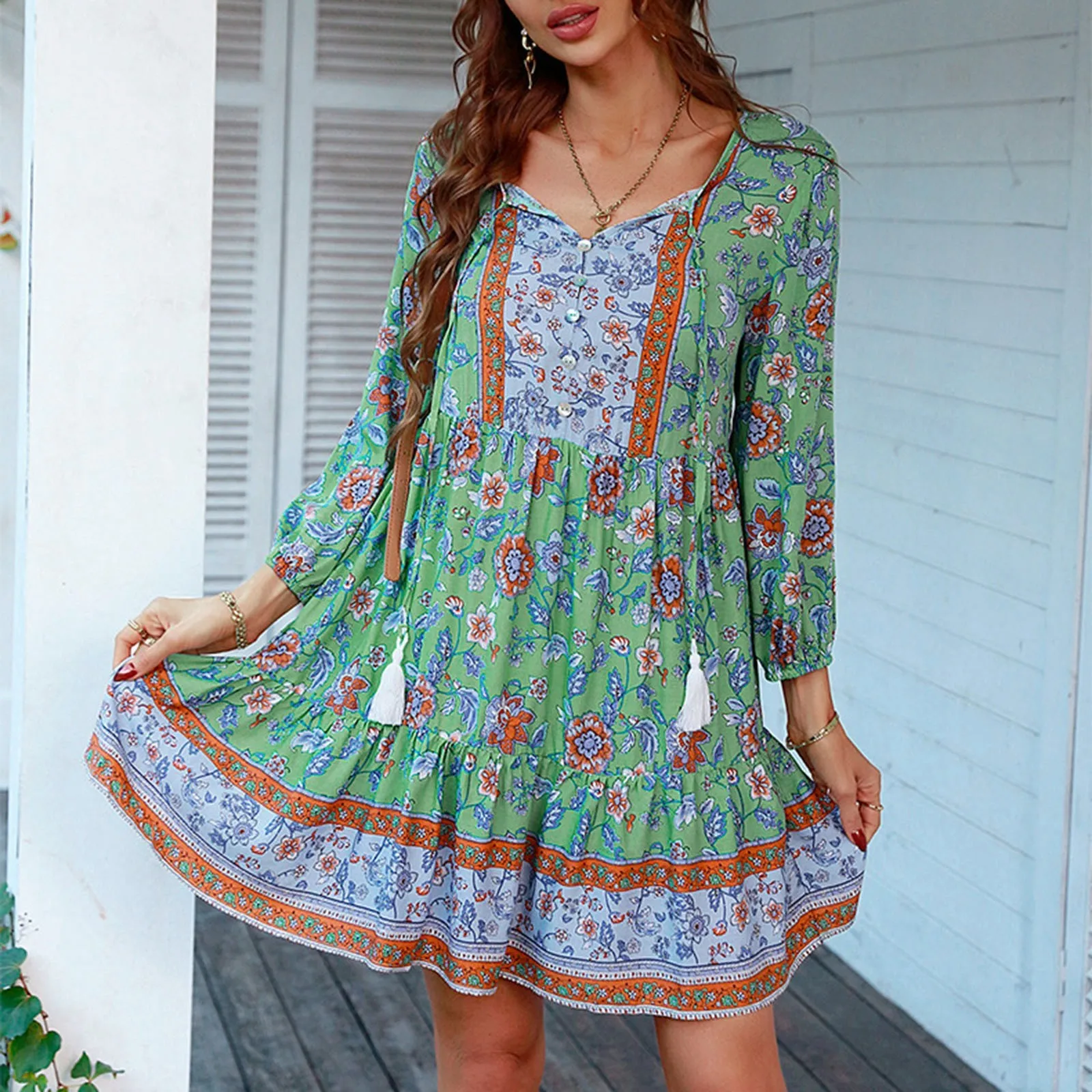 

2024 Holiday Summer Robes Casual Tassel Vestidos Women Floral Print Mini Dress Bohemian Ruffled Hem Elegant Vintage Sundress