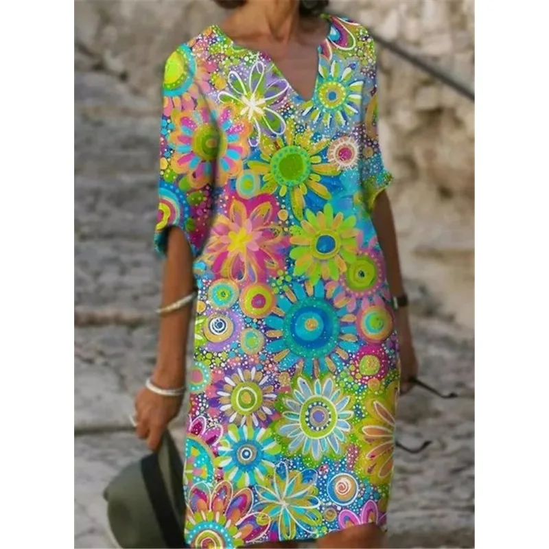 

Spring Summer Color Matching Printed Patchwork V-neck Loose Bamboo Art Round-Neck Half Sleeve Plus Size Dress