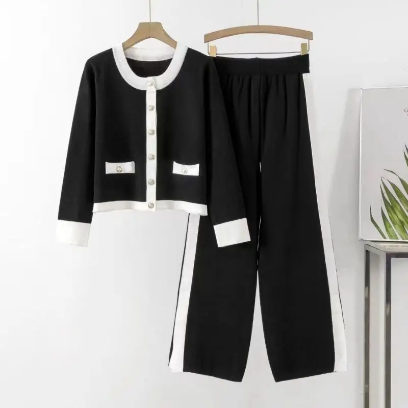 Xiaoxiangfeng Sports Leisure Set For Women's Spring Autumn 2023 New Style Fashion Knitted Cardigan Wide Leg Pants Two Piece Suit