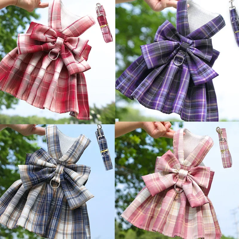Pet JK Plaid Skirt Chest Strap Traction Rope Walking Dog Cat Vest Clothes Dog Dress Clothes Skirts Ropa De Perrita 강아지 옷