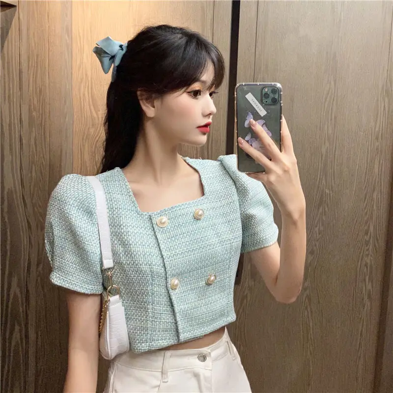 Korean Chic Cropped Jacket Pearls Double-breasted Short Sleeves Tops Square Collar Tweed Crop Top Shirts Summer Blazer Mujer