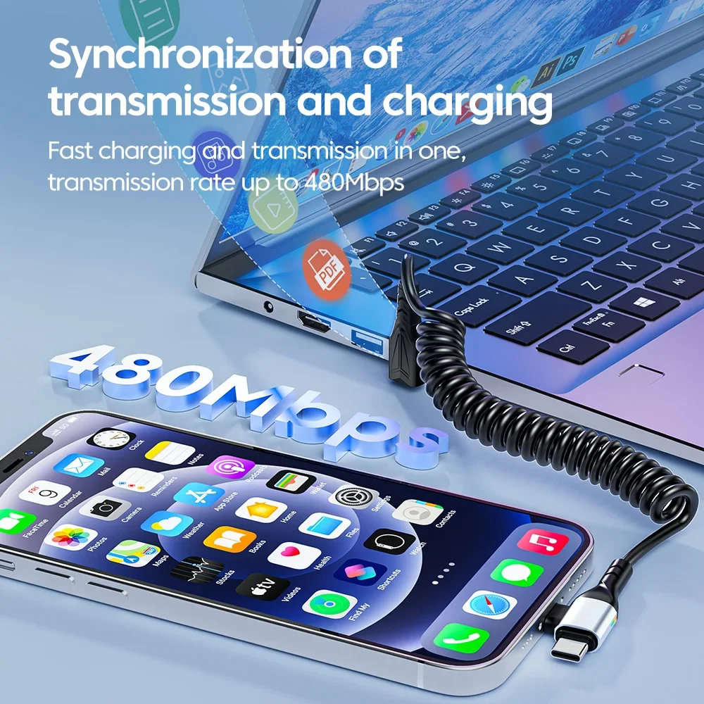 PD 60W Type-c Type-c 2-in-1 고속 충전 데이터 케이블 IPhone15용 USB C Crod Huawei 자동차 스프링 고속 충전기 케이블