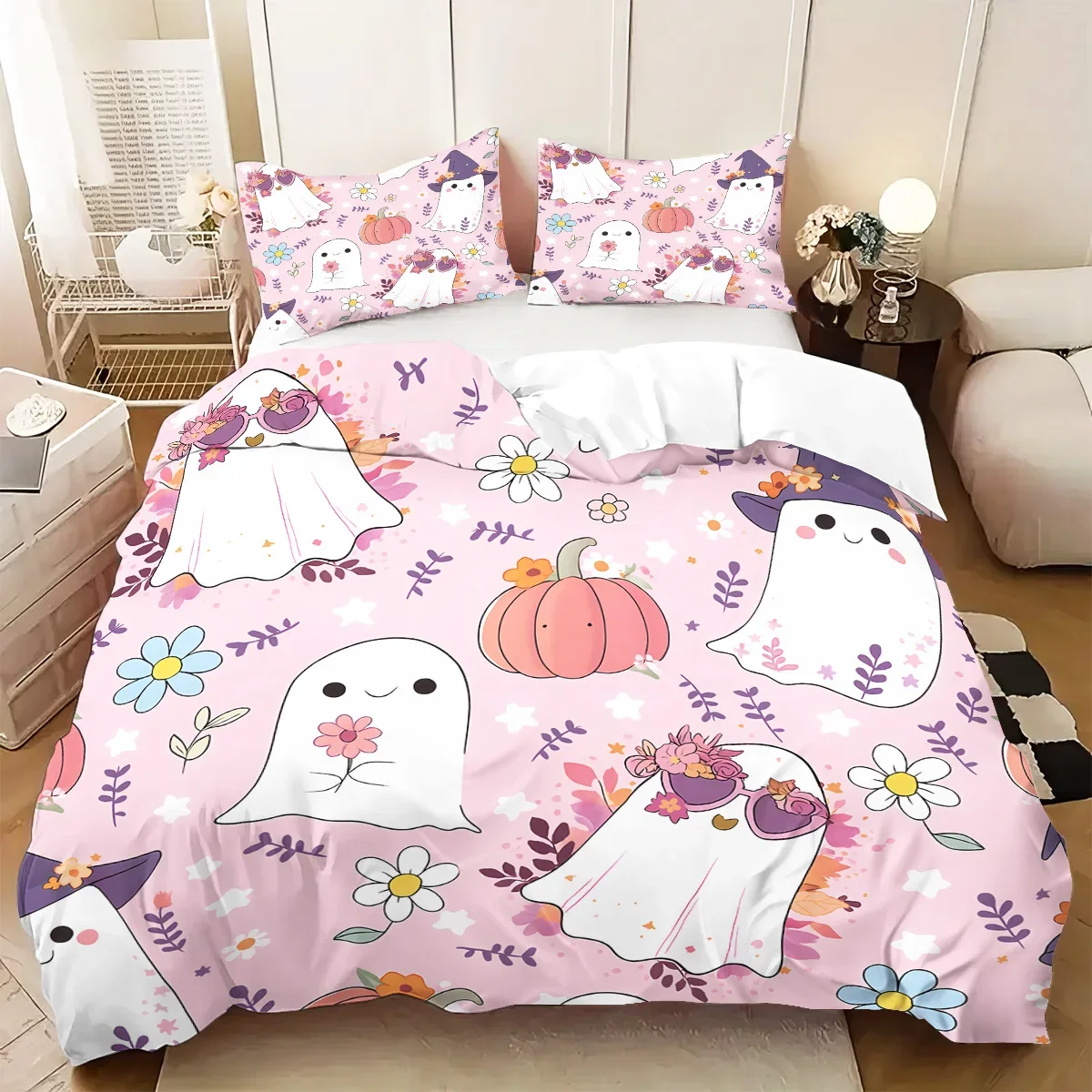 3pcs Halloween pink ghost pattern duvet cover set, 1 duvet cover+2 pillowcases, no core. Soft and comfortable bedding set