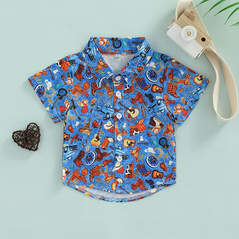 FOCUSNORM 1-5Y Summer Causal Kids Boys Shirts Tops 5 Colors Cartoon Printed Lapel Neck Short Sleeve Single Breasted Clothes boys short sleeve shirts