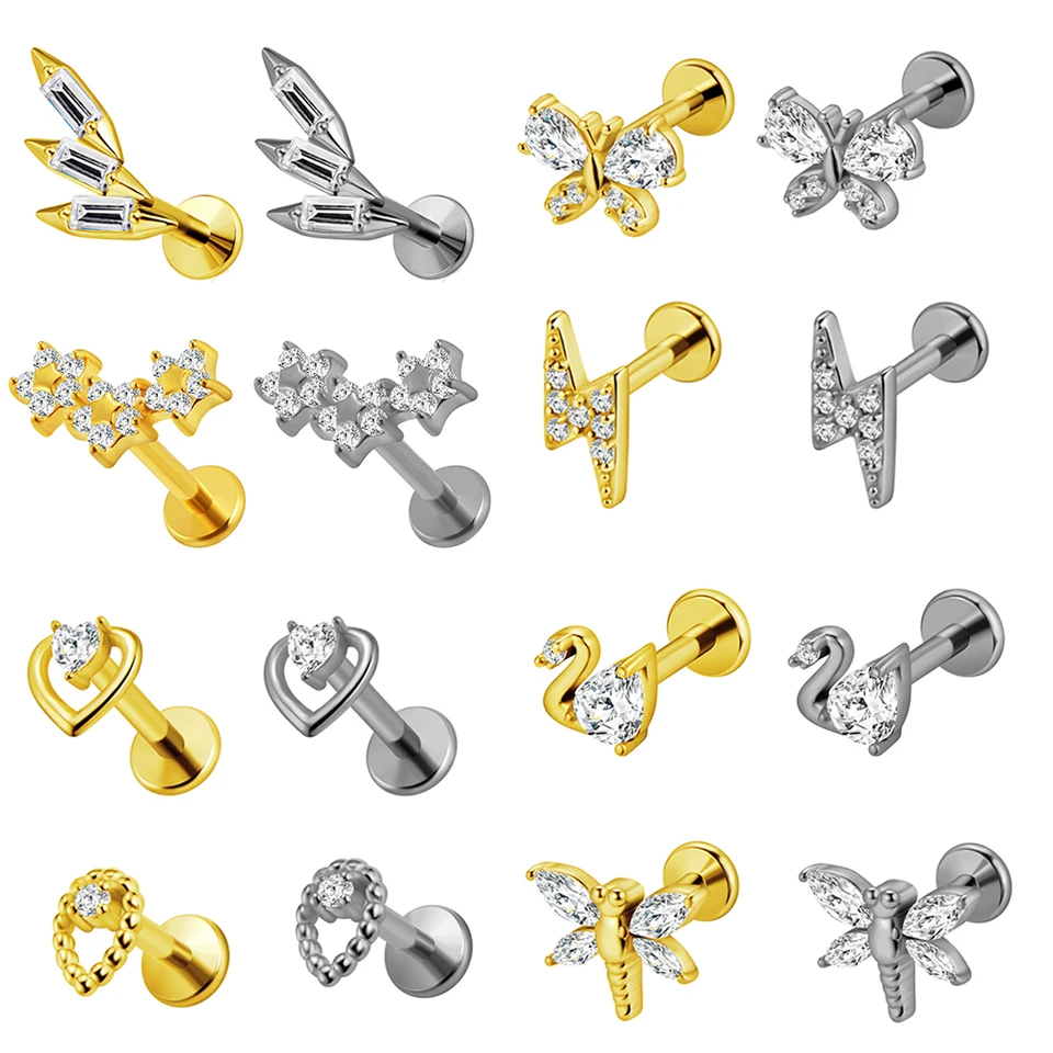 Orecchini A Barretta In Acciaio Inossidabile 316L Per Piercing – Labret, Monroe, Tragus, Helix – Con Zirconi CZ – Colori: Argento, Oro Rosa, Rosa Acqua - 5