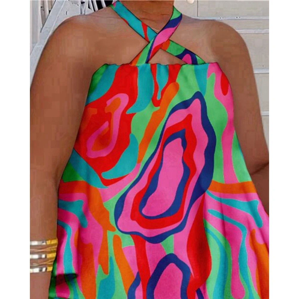 Summer Women All Over Geometric Print Halter V-Neck Backless Casual Top & Short Set 2 Piece New in Suit Sets Outfits Streetwear