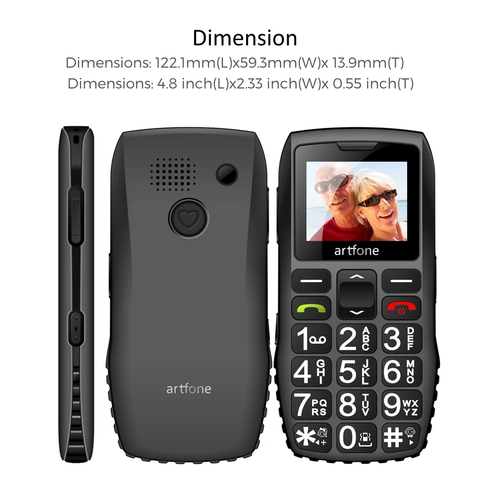 Artfone C1+ Bar Senior Mobile Phone With Free Charging Dock Big Rubber Keypad  For Elderly Dual Sim One Key SOS FM 1400mAh Cell 6