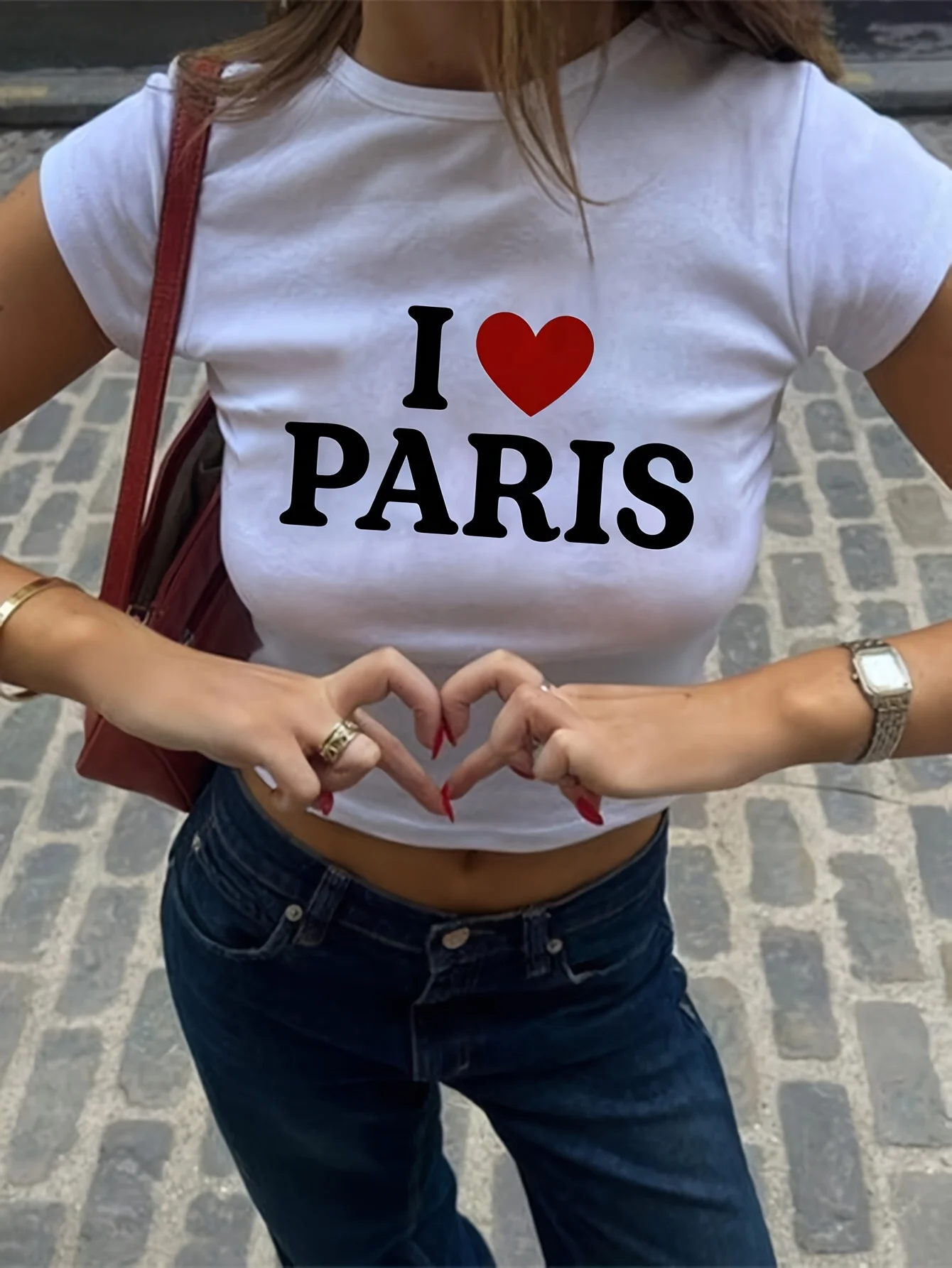 Weißes Crop-Top für Damen „I Love Paris“, kurzärmelig, Harajuku-Ärmel, Freizeitkleidung, Street-Tops, T-Shirts, ästhetische Kleidung