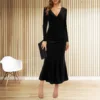 2024 Autumn Velvet Bodycon Black Midi Dress for Women Long Sleeve Ruched Slim Fit Evening Dress Female Party Clubwear Vestido 2