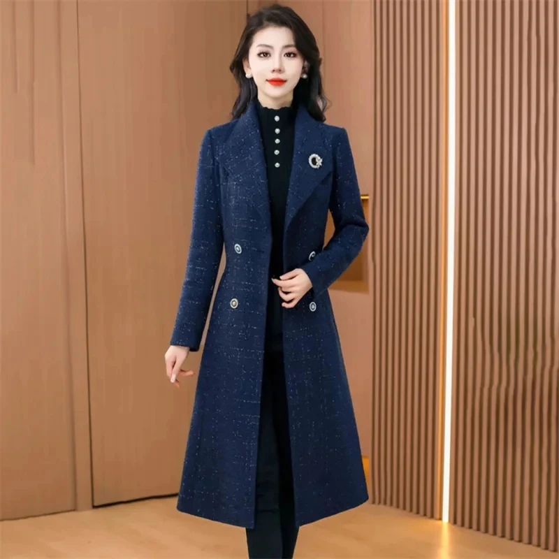 

Женское длинное шерстяное пальто, двубортное свободное шерстяное пальто в Корейском стиле с воротником-костюмом ручной работы на шнуровке, Осень-зима 2024