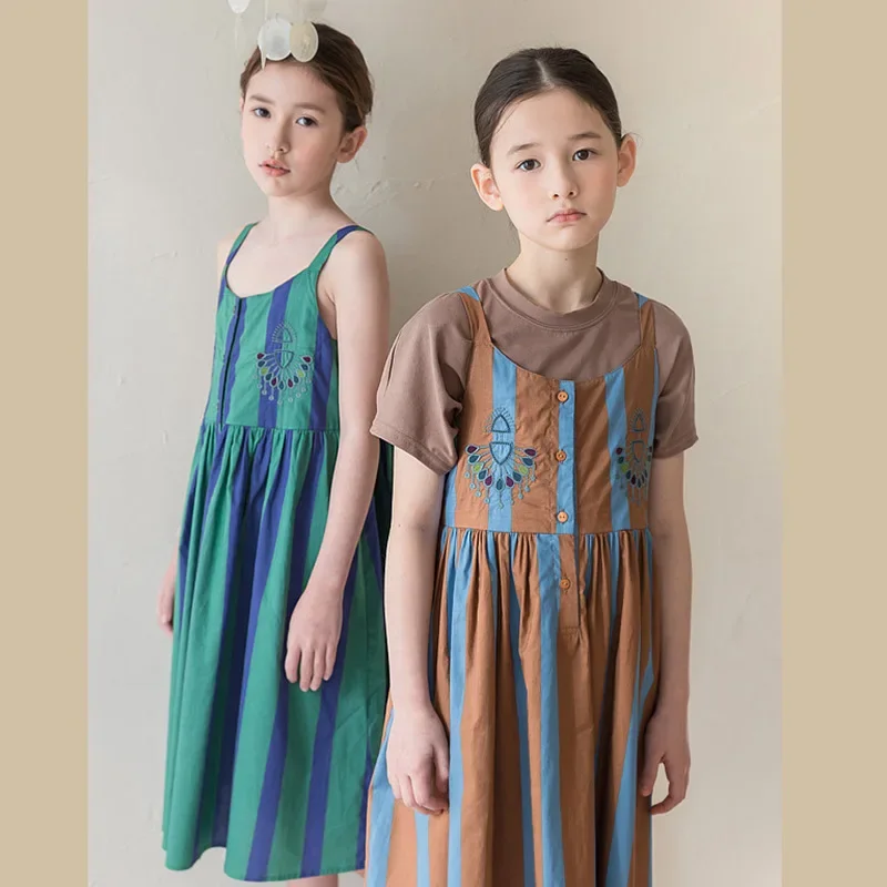 

2023 New Cotton Embroidered Stripe Casual Dress Baby Girls Sleeveless Clothes Teenager Children Beach Dress