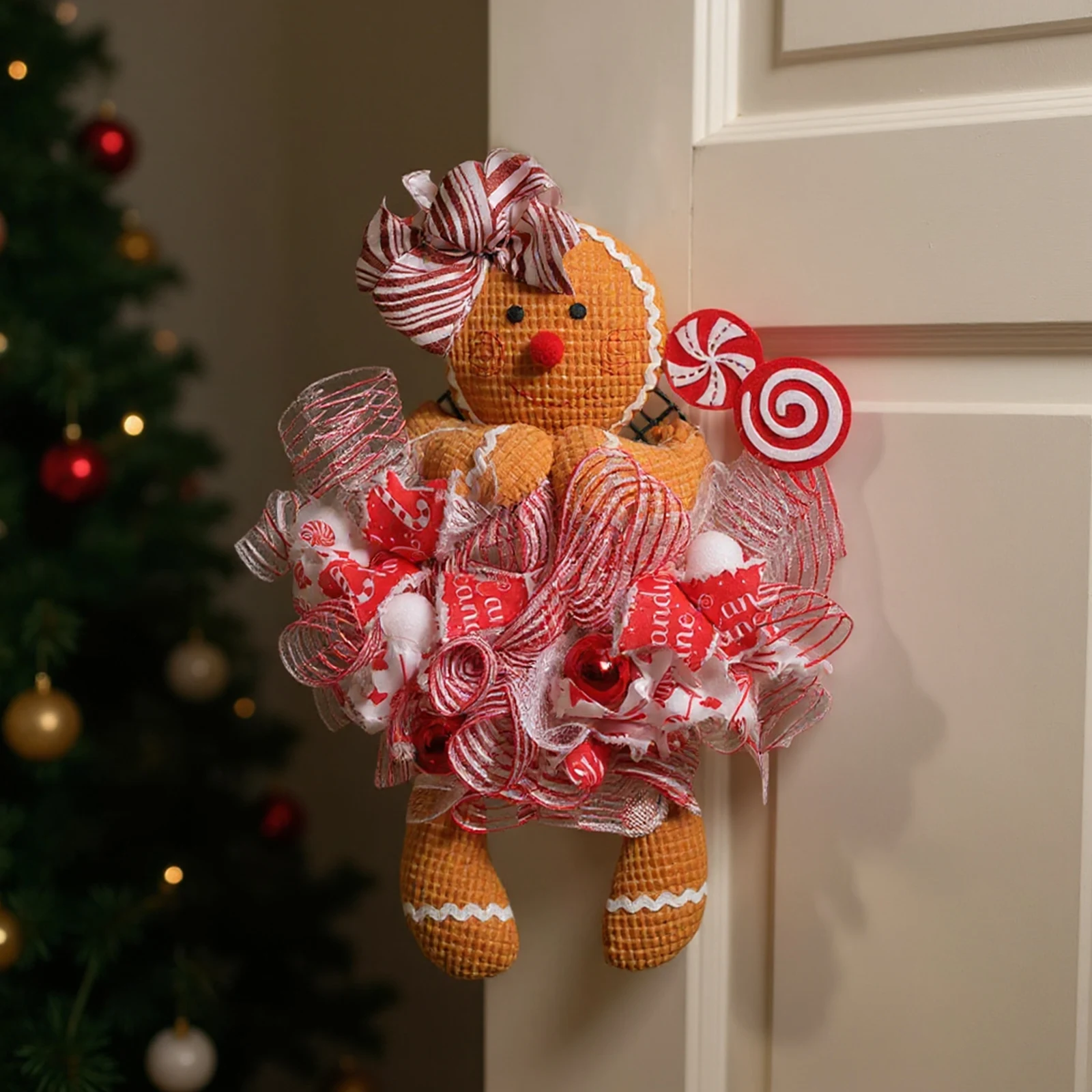 Christmas Front Door Wreath Christmas Gingerbread Man Doll Wreath Gingerbread Hanging Decorations for Front Door Wall Fireplace