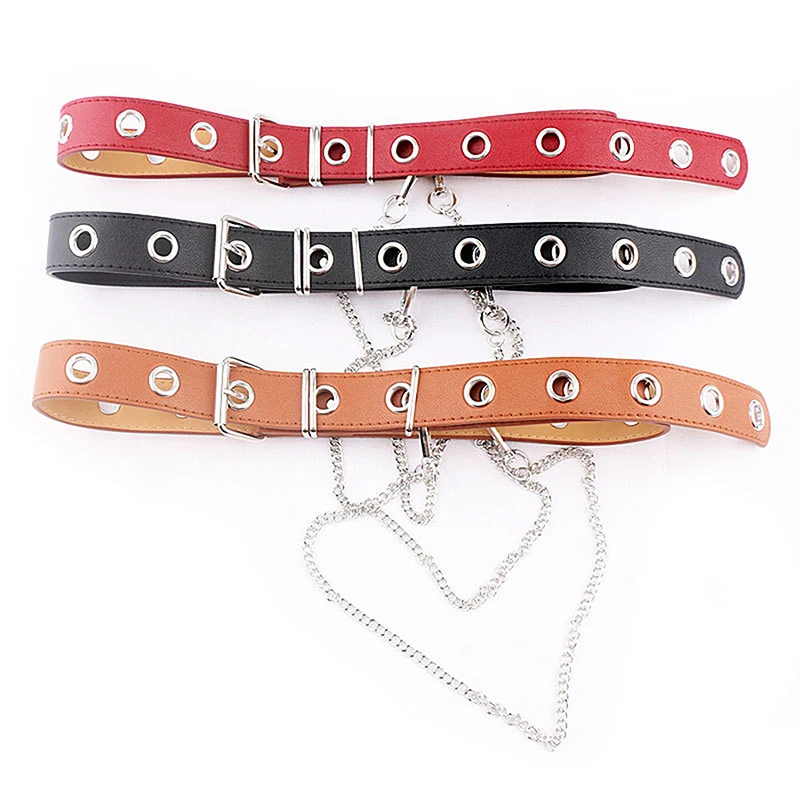 Fashion Gothic Faux Leather Belt Lady Silver Pin Metal Chain Ring Waist Strap Punk Dance Belts Harajuku Women Punk Chain Belt designer belts women