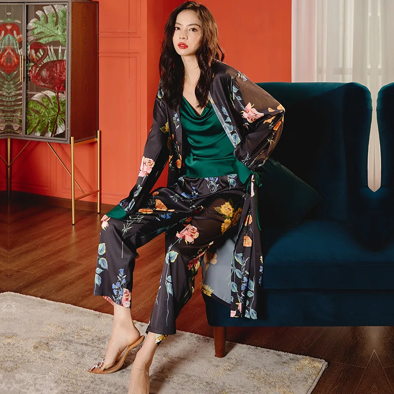Spring & Fall 3pc Flower Print Pajamas Set Robe Sleepwear Suit Womens