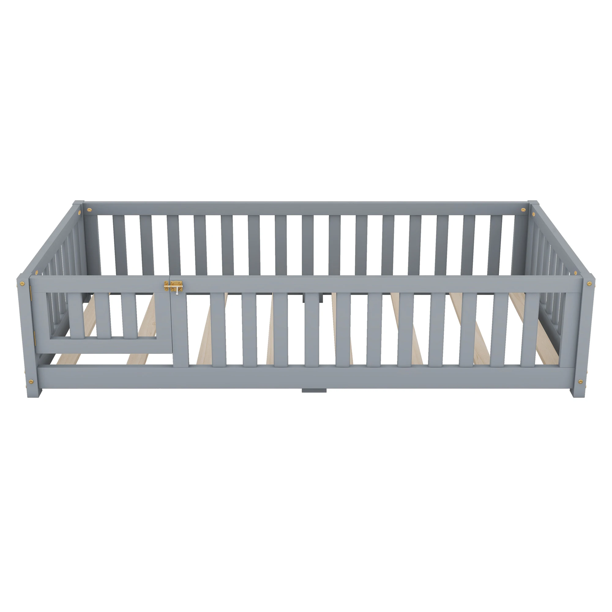 

Twin Size Bed Floor Bed with Safety Guardrails and Door for Kids, Gray