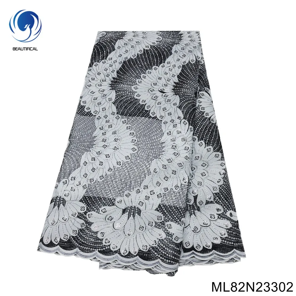 

Beautiful Grey African Lace Fabric Embroidered French Tulle Sequin 100% Polyester High Quality Nigerian Party Dress ML82N233