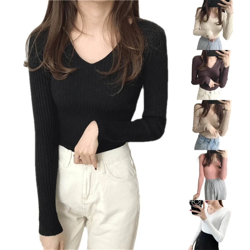 

Womens Knit Crochet Skinny Knitted Top Long Sleeve Ribbed Bottoming Basic Shirt Sexy Club Streetwear Pullover P8DB