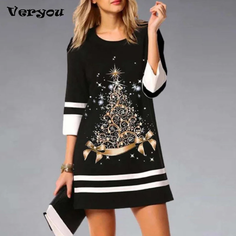 

2023 Autumn New Women's Christmas Print Dress Multiple Pattern 3/4 Sleeve Round Neck Casual Fashion A-line Dress for Women