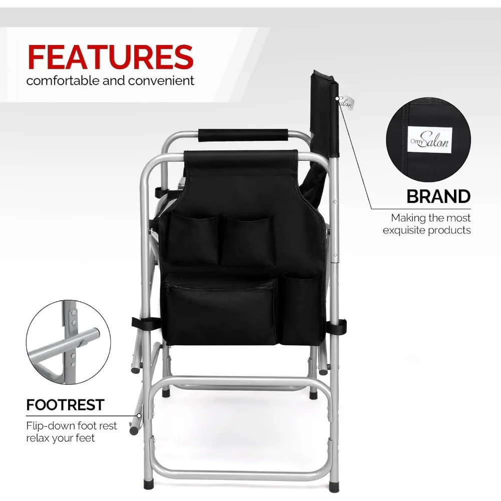 26" Tall Folding Directors Chair with Side Table,Portable Makeup Artist Bar Height, Steel Frame 300 lbs Capacity 4