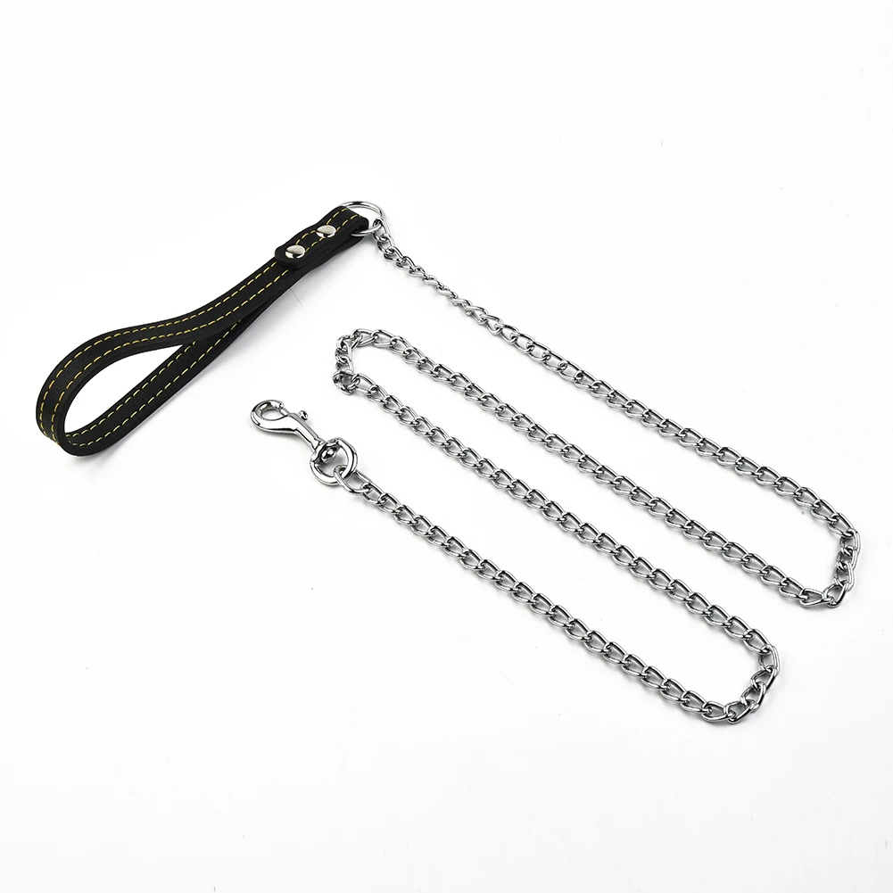 Dog Leash Dog Leash Metal Chain 2.0mm*120cm With Leather Style Handle Strong Control Leash Pet Supplies Iron Towing Rope