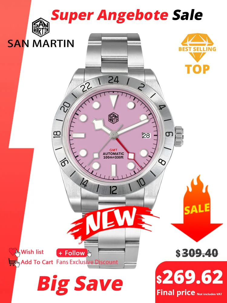 San Martin Pink Dial BB GMT NH34 39mm Classic Luxury Business Men