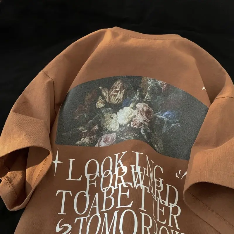 

American Retro Pure Cotton Short Sleeved T-shirt for Men and Women in Summer New Loose Fitting Casual Couple Top Pattern Clothes