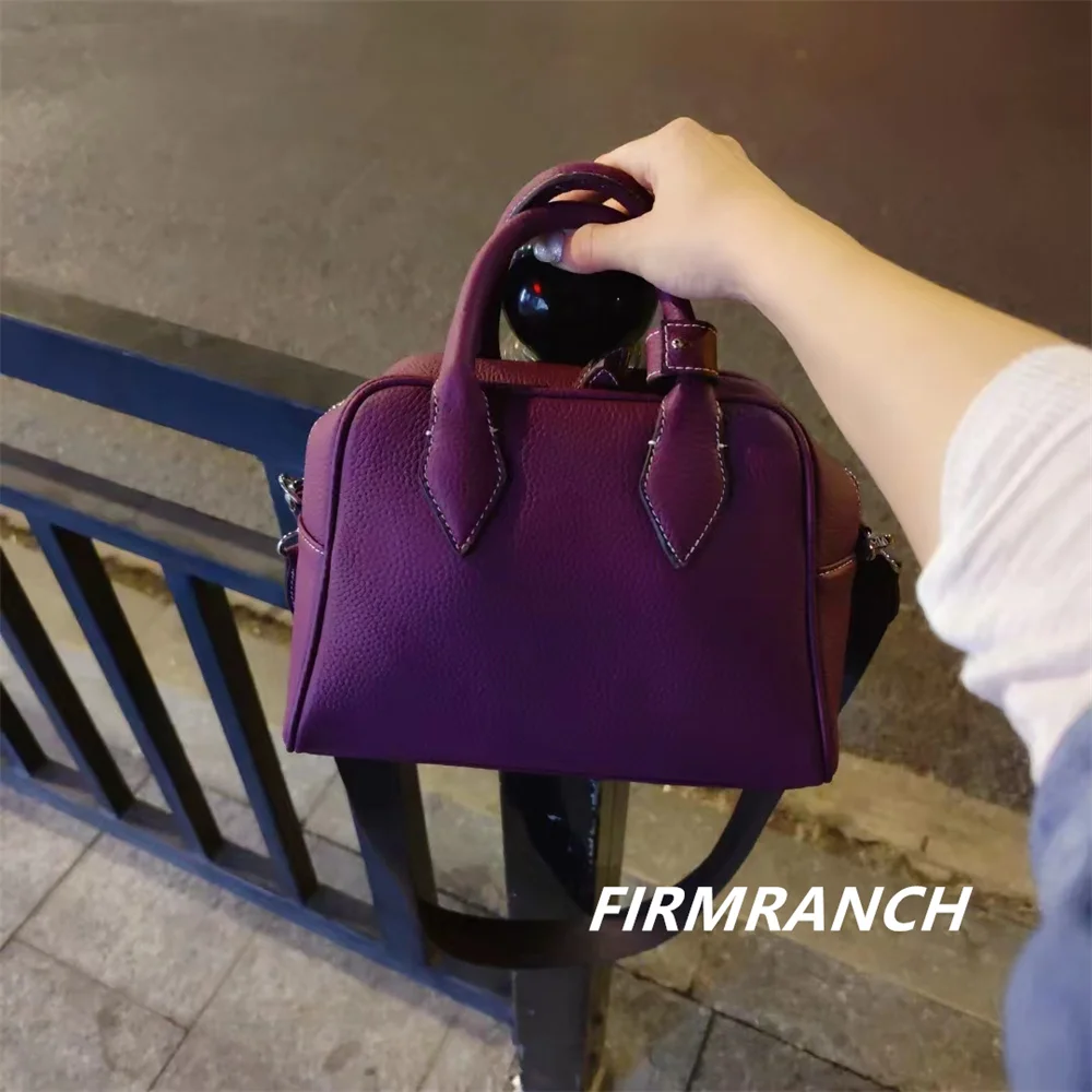 

FIRMRANCH Simple Classic Design Solid Color Versatile Bowling Bag Women's Shoulder Diagonal Purse Handbag High Quality Cowhide
