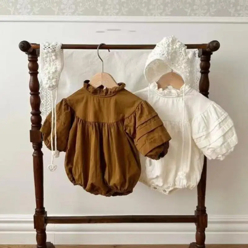 

Girl Solid Puff Sleeves Bodysuit Kids Baby Spring Cute Lace-up Collar Jumpsuit Girls Toddler Cotton Fashion Design Outfits