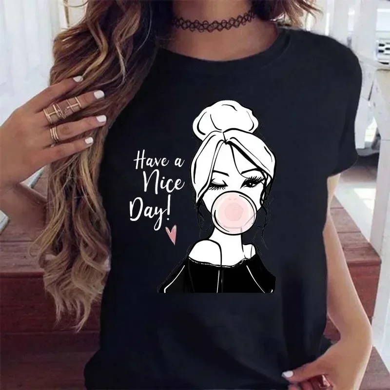 

100% COTTON Exploding Fashion City Girl T-shirt White Plus Size Shoulder T-shirt Women Short Sleeves Harajuku Graphic Y2k Tops