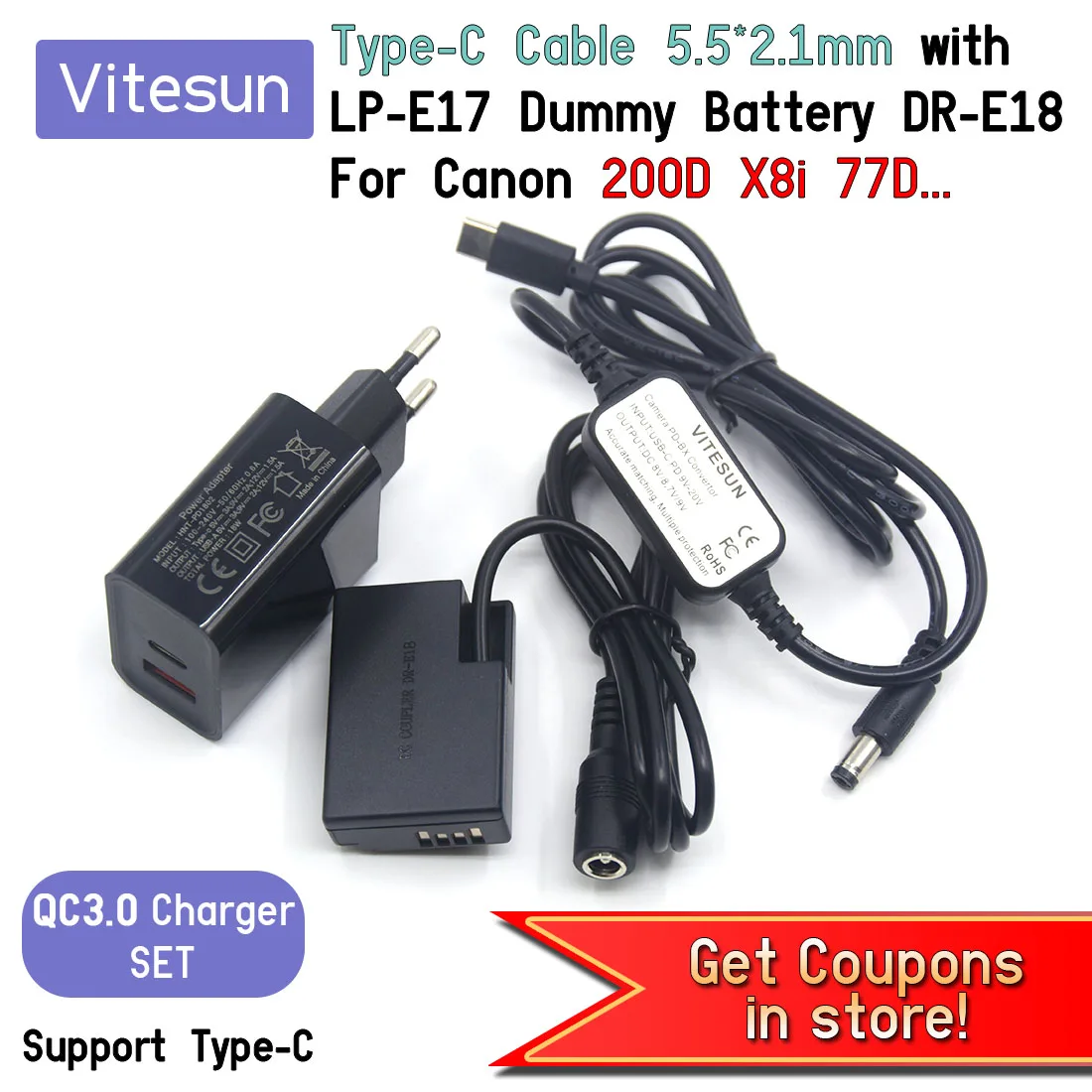 

ACK-E18 USB TYPE-C Power Bank Cable+DR-E18 Dummy Battery LP-E17+PD Charger for Canon 750D 760D T6S 77D 800D 850D Rebel SL2 R10