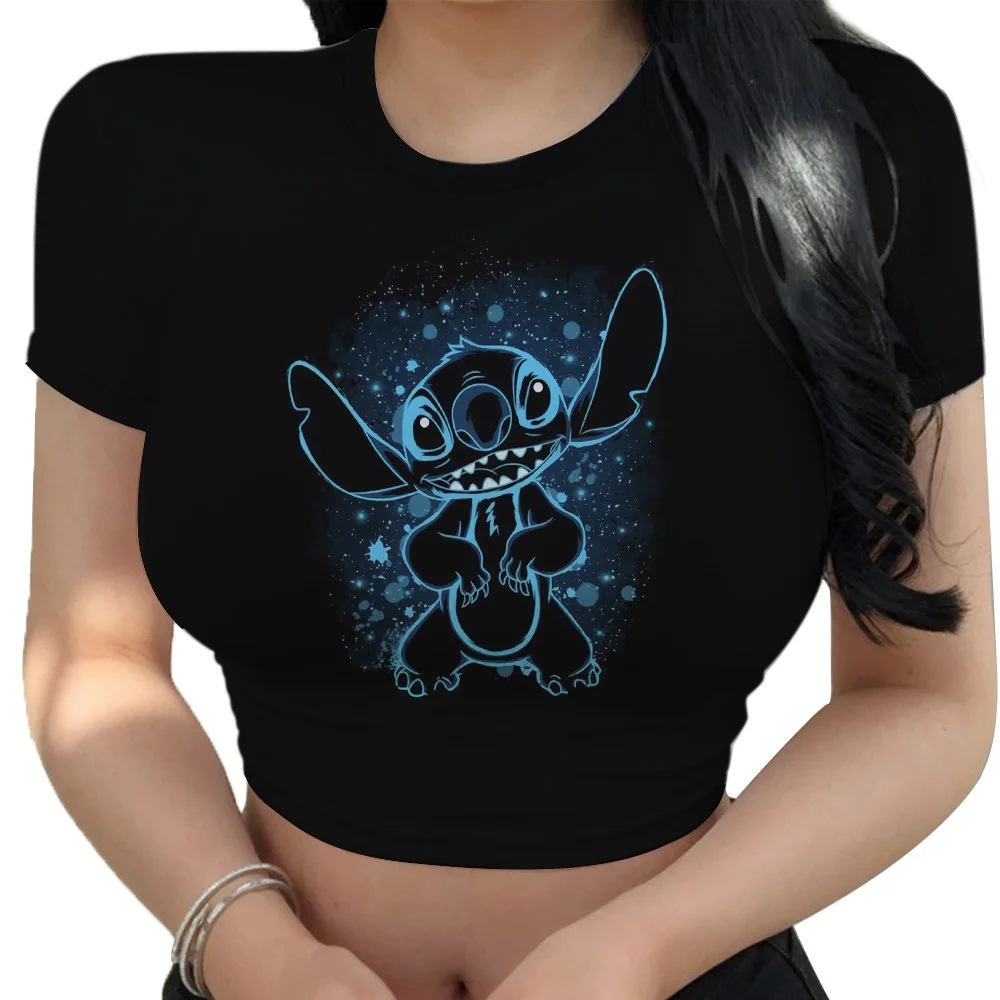 Hot Sale Women's Red T shirts Summer 2024 Fashion Disney Stitch Crop Top Harajuku Y2k New Sweet T-shirt Clothing Kawaii Clothes 2