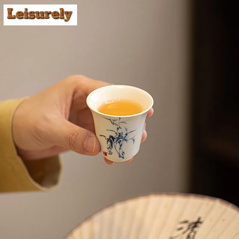 2pc/lot Hand-painted Bamboo Leaf Teacup Zen Soda Glazed Tea Bowl Tea Cup Set Mini Smelling Cup Chazhan Master Cups Teaset 45ML
