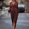 New Women's Elegant Cross V Neck Party Dresses Spring Summer 2025 Fashion Slit Puff Sleeve Irregular Long Sleeve Female Dress 2
