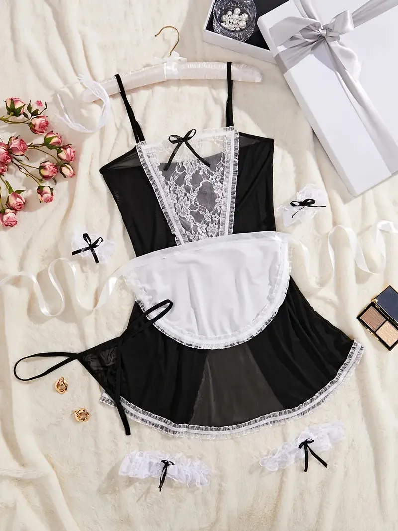 Desires Sex Play Crotchless Costume Adult Cosplay Porno Maid Tights Sheer Lingerie Bodysuit Open Breasts Sexy Uniform Seduction