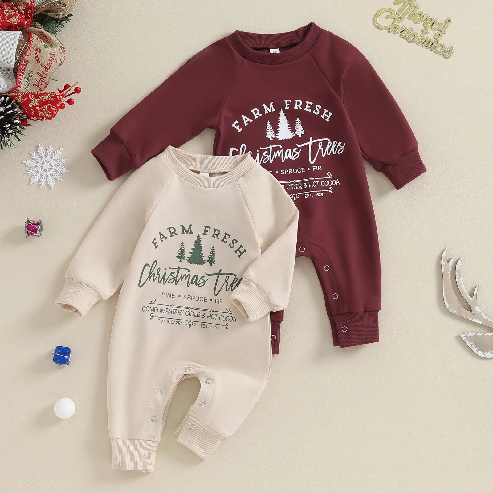 

2023 Baby Christmas Sweatshirt Jumpsuit Long Sleeve Crew Neck Tree Letters Print Romper Clothes for Girls Boys