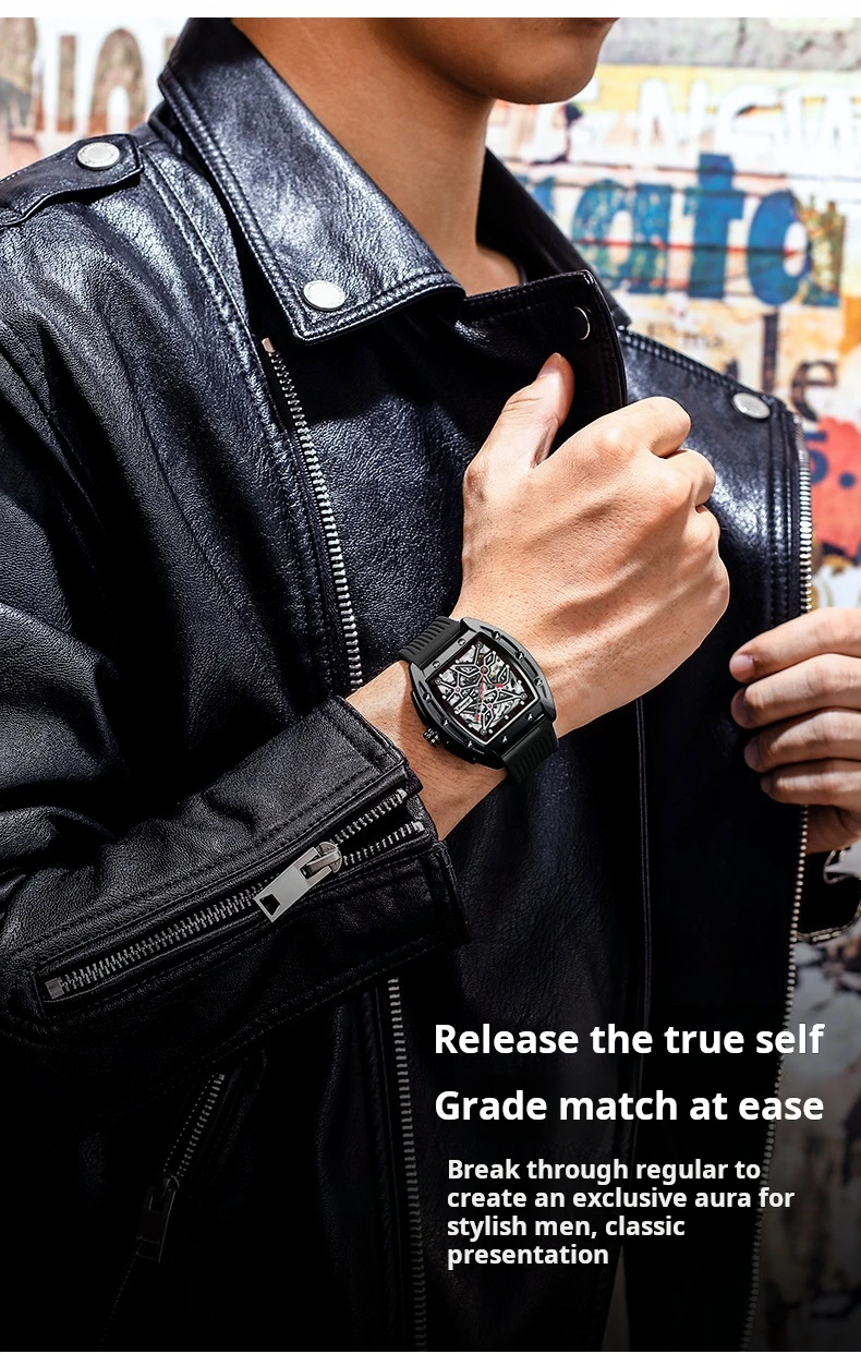 AILANG Brandneue Herrenuhr mit hohler mechanischer Uhr, modisches Lederarmband, wasserdicht, Skelett-Automatikuhr, Herren-Sportuhr_voghion.com