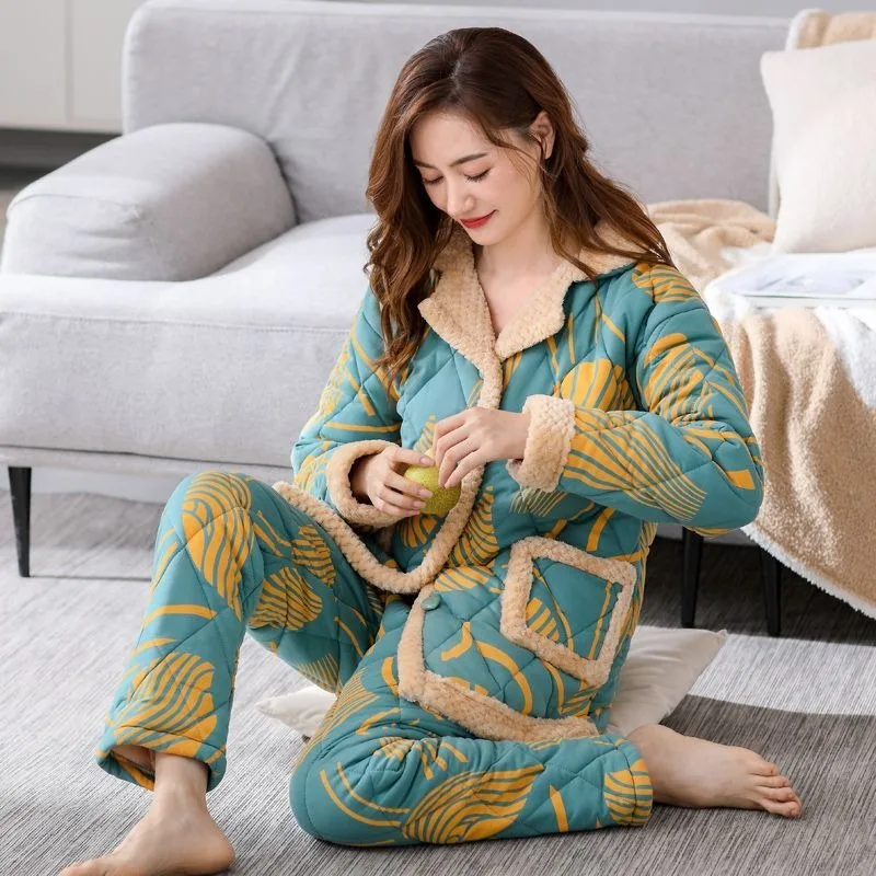 2024 New Women's Pajamas Winter Pure Cotton Quilted Sleepwear Thickened Cotton Padded Homewear Autumn Warm V-neck Loungewear
