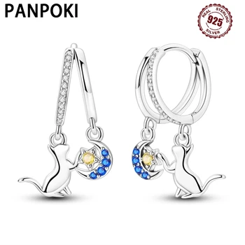 925 Sterling Silver Cat Picking Star Eardrops Drop Earrings Women Earrings Charm Versatile Party Jewelry Fine Gifts