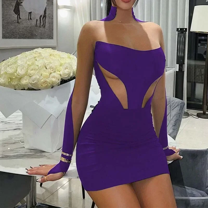 

Winter Women Fashion Long Sleeve Patchwork Mesh See Through Sexy Bodycon Mini Dress 2024 Evening Party Club Y2K Clothes