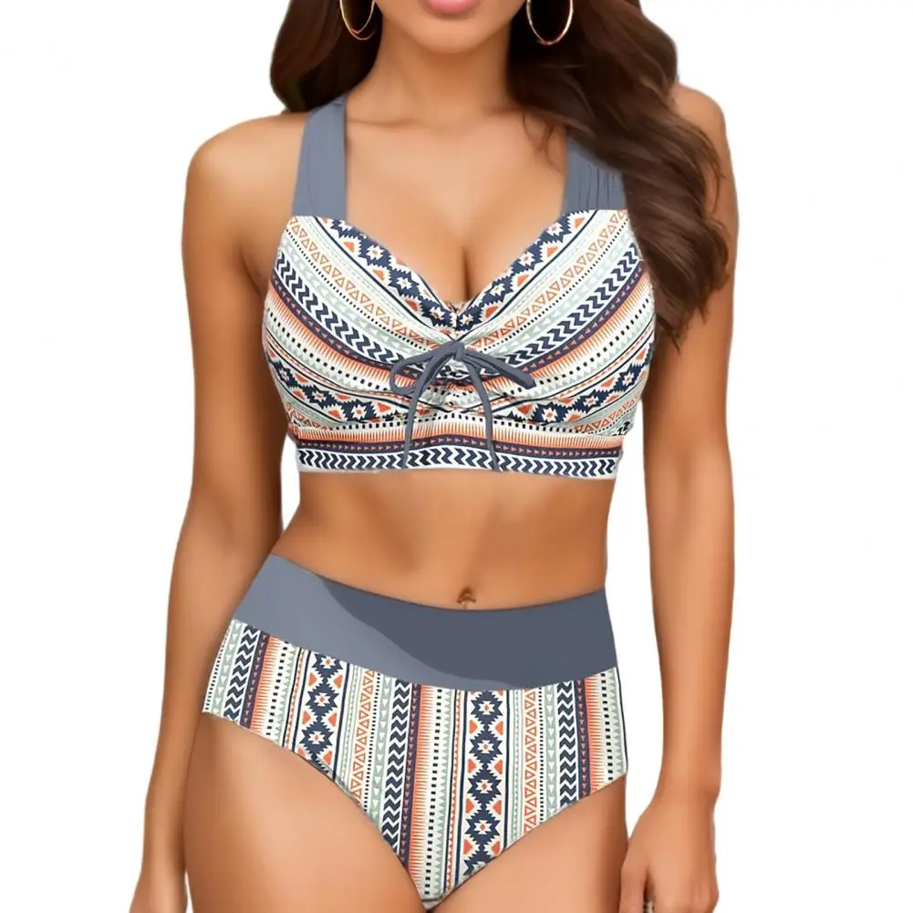 

Retro Print Bikini Set Flattering High-waisted Bikini Set Retro Printed Bikini Set with V-neck Bra High Waist Off for Women