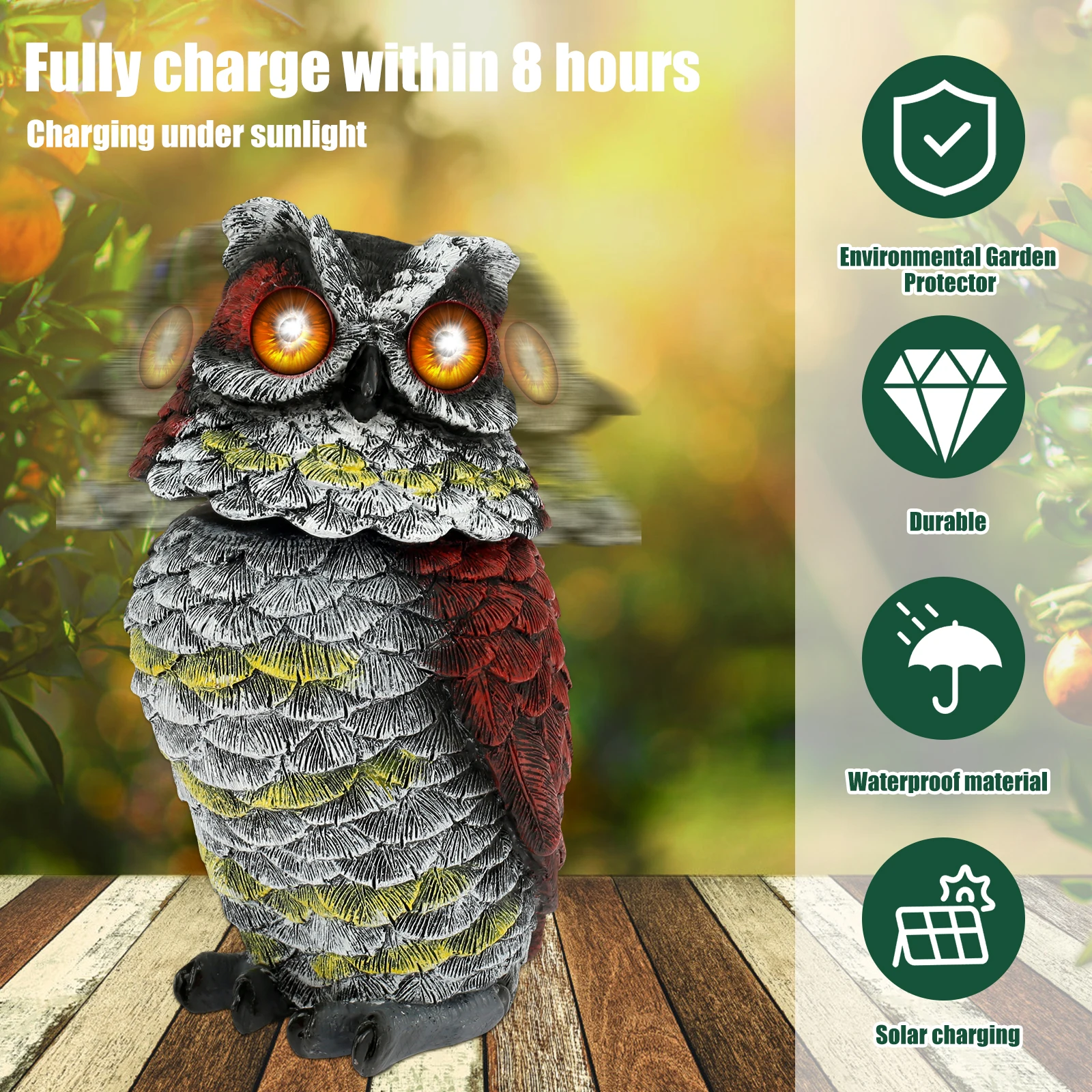 Description Picture 2 of itemBird Repeller Realistic Owl Waterproof Solar Fake Owl Decoy Frightening Fake Owl Scare Bird Control Devices with Rotating Head