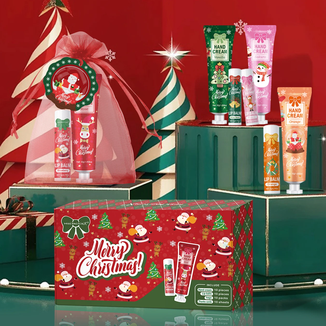 Christmas kit-10 sets/box hand cream kit, lip balm set, with Santa
