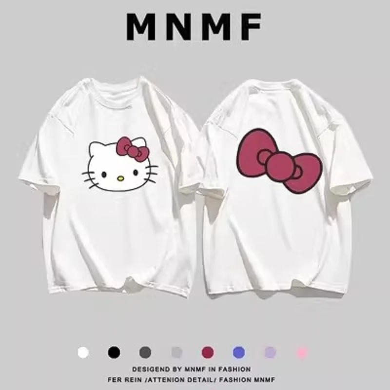 Sanrio Hello Kitty T-Shirt 100%cotton Printed Child Cartoon Girl Kids Summer Student Loose Casual Short-Sleeved Woman Fashion