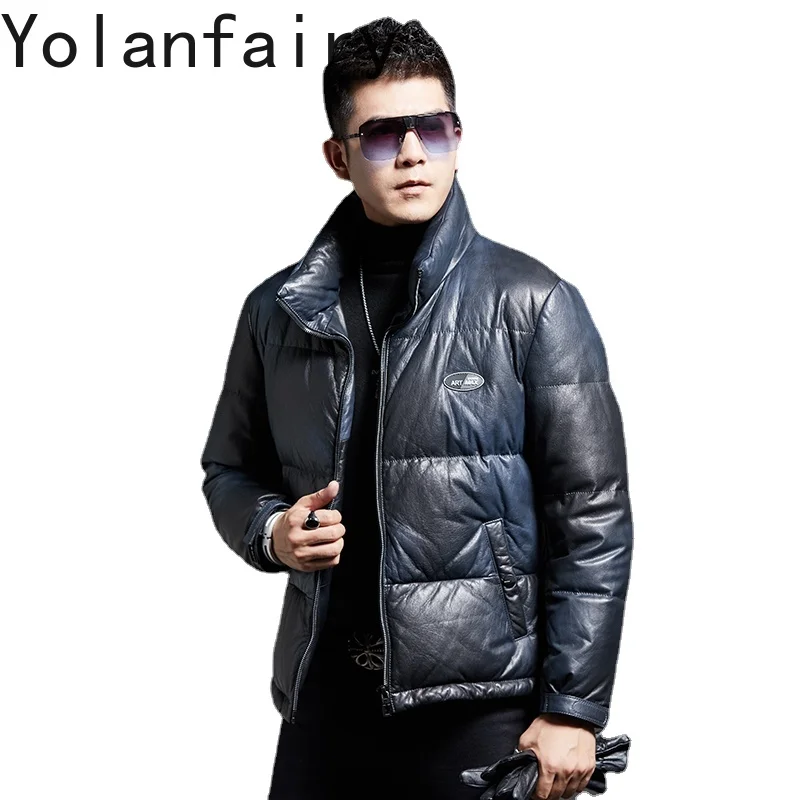 

Genuine Leather Short Down Jackets for Men Standing Collar Thick White Goose Down Natural Cowhide Motorcycle Puffer Jacket Trend