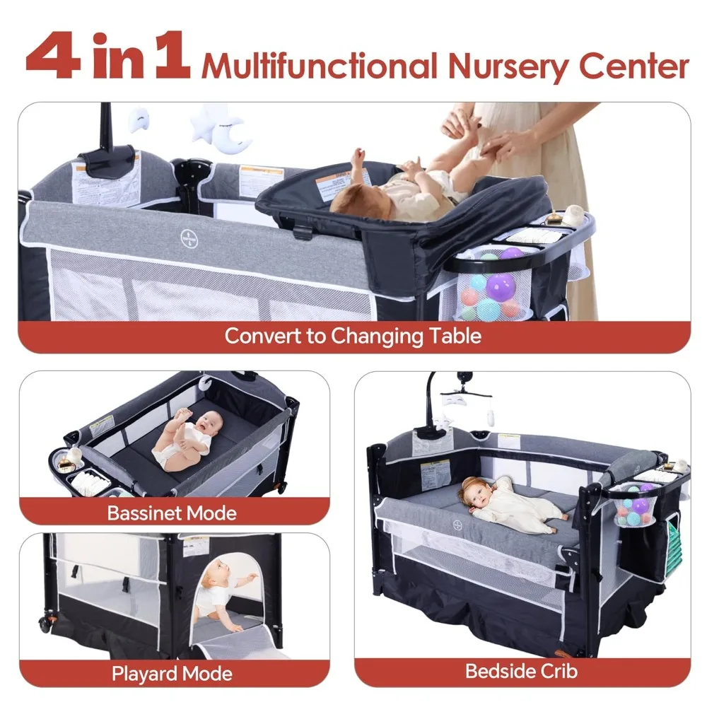 4 in 1 Pack n Play, Multifunction Baby Bassinet Bedside Crib, Portable Baby Nursery Center Playard w/Baby Changing Table 2