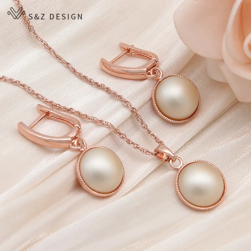 S&Z DESIGN New Fashion Round Simulated-pearl Dangle Earrings Jewelry Sets For Women 585 Rose Gold Color Pendant Necklace