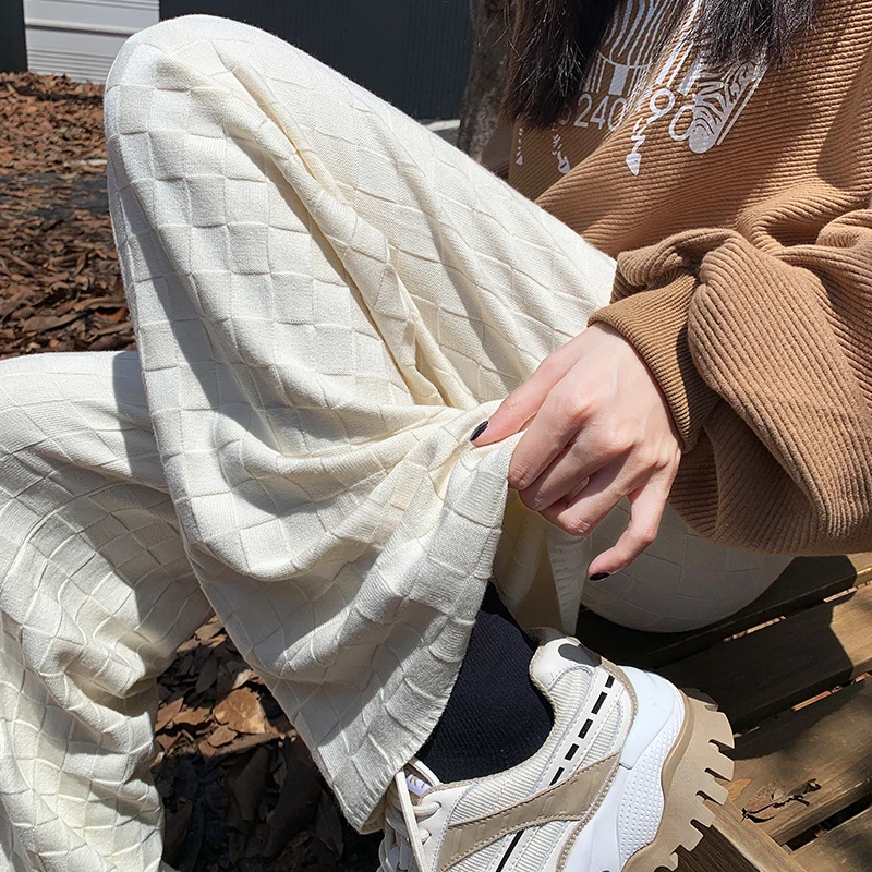 

Limiguyue Plaid Knitted Pants Women Autumn Winter Loose Long Wide Leg Trousers Knitwear Casual Rabbit Fleece Lace-up Soft White