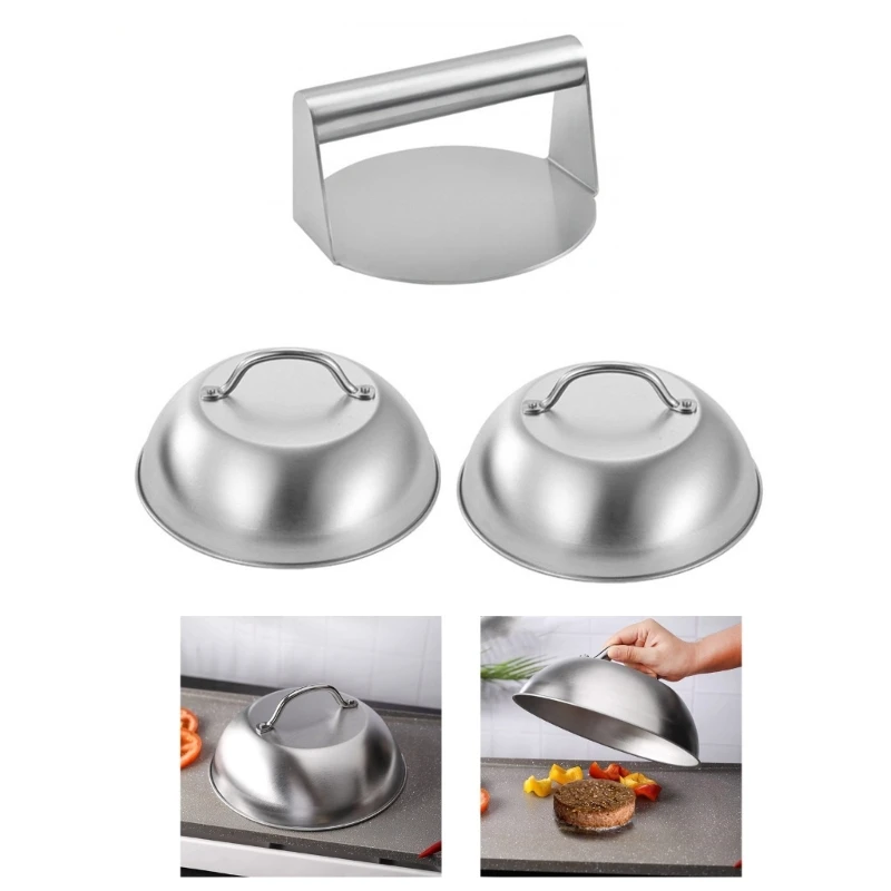 Set of 3 Cheese Melting Lid 304Stainless Steel Hamburger Pressing Tool Press for Griddles Kitchen and Outdoor BBQ