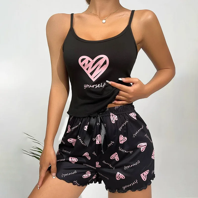 Heart Print Graphic Pj Set Womens Black Cami Top and Shorts Soft Sleepwear Loungewear with Slogan Comfortable Trendy New Arrival