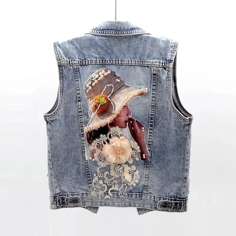 

Womens Embroidered Floral Hat Denim Waistcoat Sleeveless Vest Coat